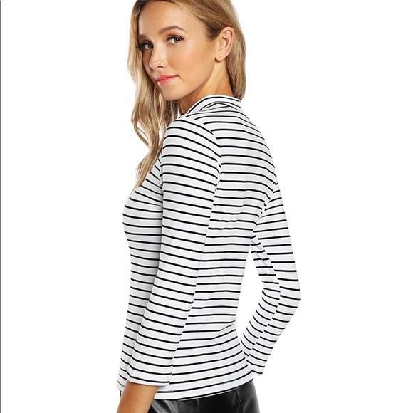 High Neck Long Sleeve Slim Fit Stretch Striped Top - Picture 2 of 9